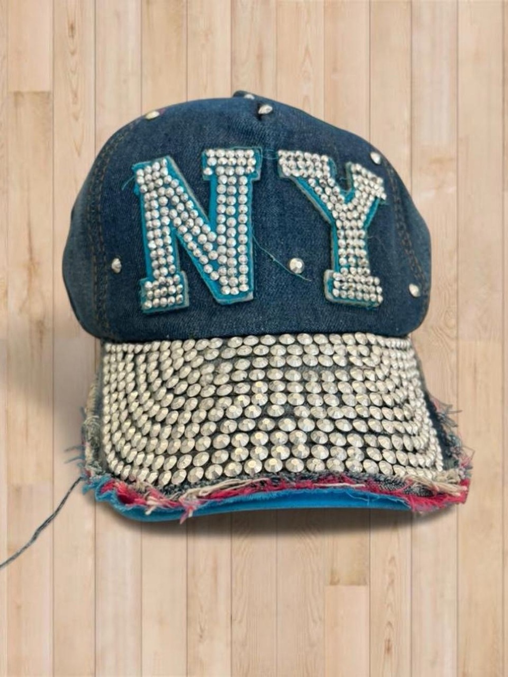 Ed Hardy Style Denim NY punk Bedazzled Y2K Glam Rhinestone Baseball Cap - Blue